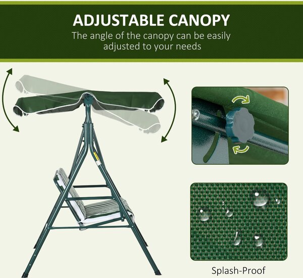 Outsunny Balansoar de Gradina 3 Locuri Acoperis Parasolar si Structura din Otel si Poliester, 172x110x153 cm, Alb si Verde | Aosom Romania