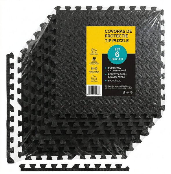 Covoras tip Puzzle pentru Sport si Fitness, Spuma EVA, Set 6 bucati, Protectie Podea Antiderapanta, 180 x 120 x 1 cm, Negru