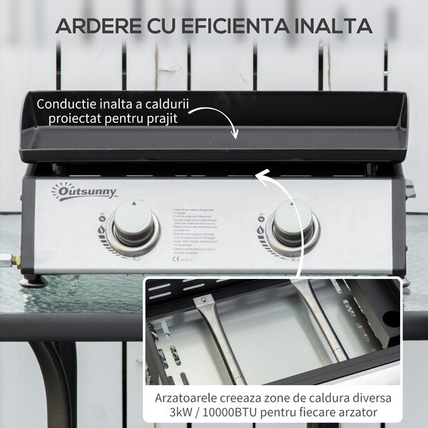 Gratar cu gaz si 2 arzatoare Outsunny, picioare reglabile, 6kW, 48.5x46x21cm, negru | Aosom Romania