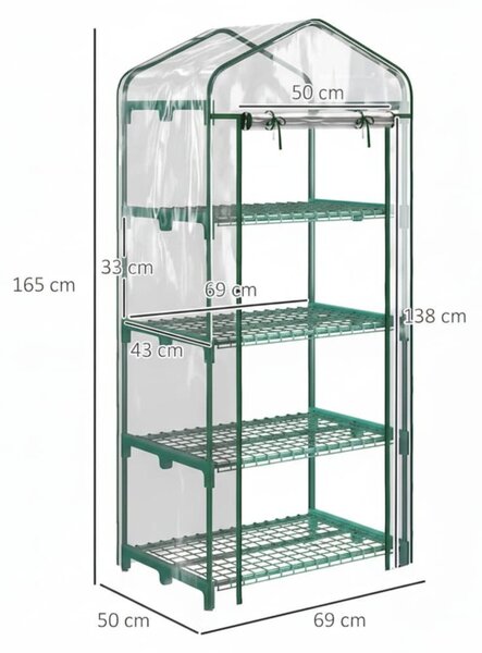 Sera verticala pentru plante cu rastel cu 4 rafturi, structura din otel si PVC alb, pentru balcon si terasa, 69x50x165 cm