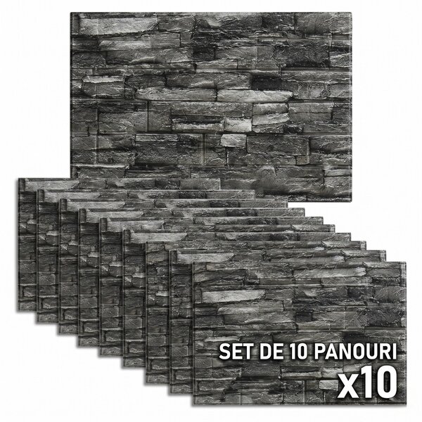 Tapet 3D Autoadeziv Piatra Gri, Set 10 Panouri Decorative, 70 x 77 cm, Grosime 3mm