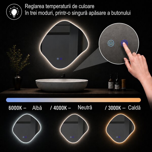 Oglindă de baie cu iluminare LED integrată 3 culori Silvio