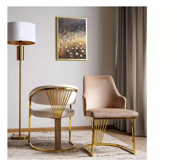 Scaun bej tapitat CROWN, stofa catifelata/metal, 57x64x77 cm
