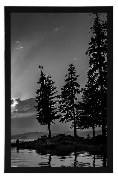 Poster lacul de munte în design alb-negru
