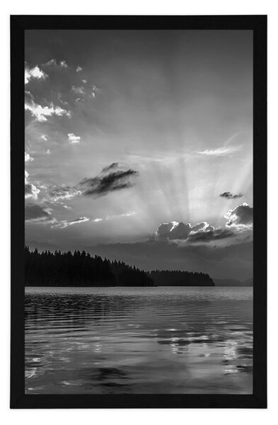 Poster reflecția lacului de munte în design alb-negru