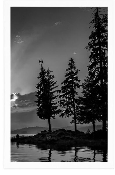 Poster lacul de munte în design alb-negru