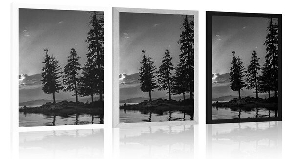 Poster lacul de munte în design alb-negru