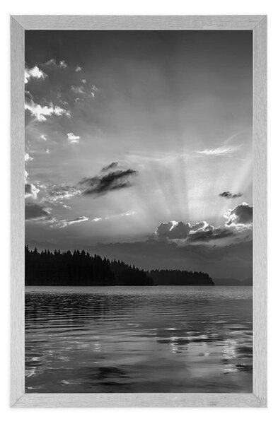 Poster reflecția lacului de munte în design alb-negru