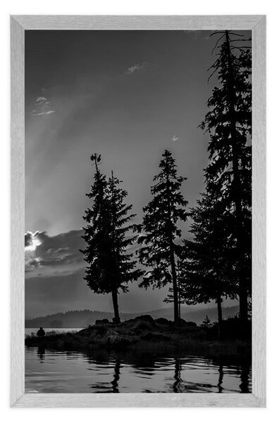 Poster lacul de munte în design alb-negru