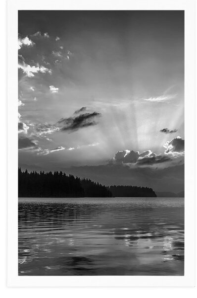 Poster reflecția lacului de munte în design alb-negru