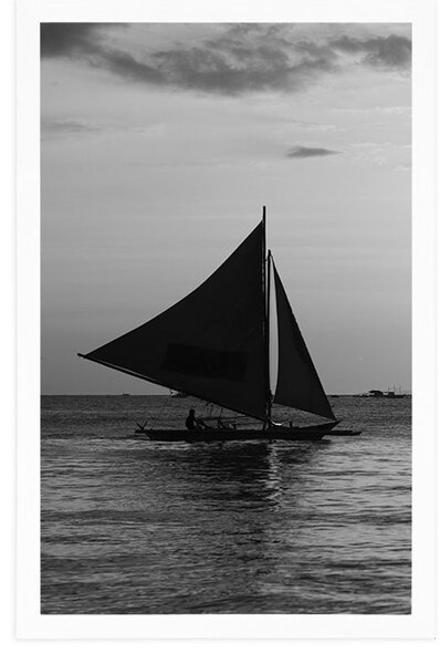 Poster apus de soare frumos la mare în design alb-negru
