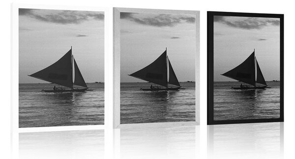 Poster apus de soare frumos la mare în design alb-negru