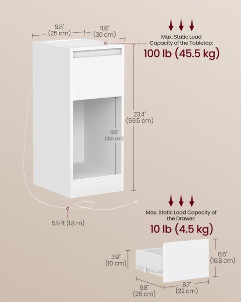 Noptiera Vasagle Alb 25x30x59.5 cm
