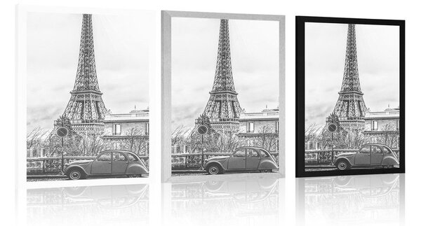 Poster vedere la Turnului Eiffel de pe strada Parisului în design alb-negru