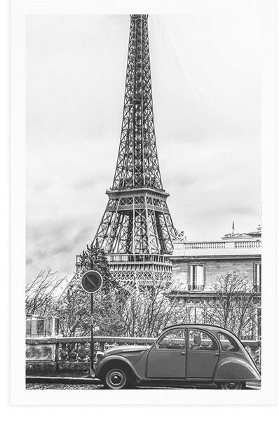Poster vedere la Turnului Eiffel de pe strada Parisului în design alb-negru