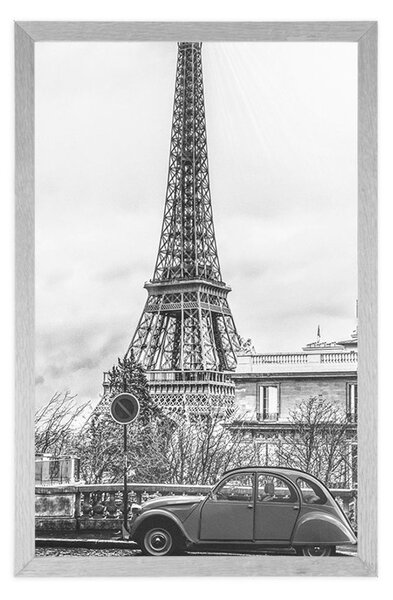 Poster vedere la Turnului Eiffel de pe strada Parisului în design alb-negru