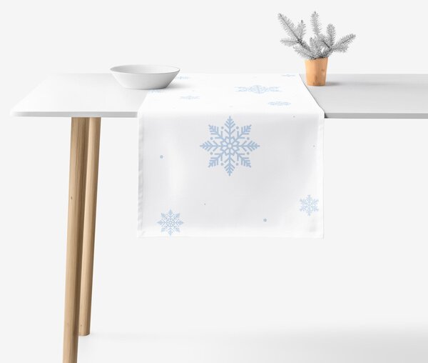 Goldea napron de masă de crăciun 100% bumbac - fulgi albaștri pe alb 35x120 cm