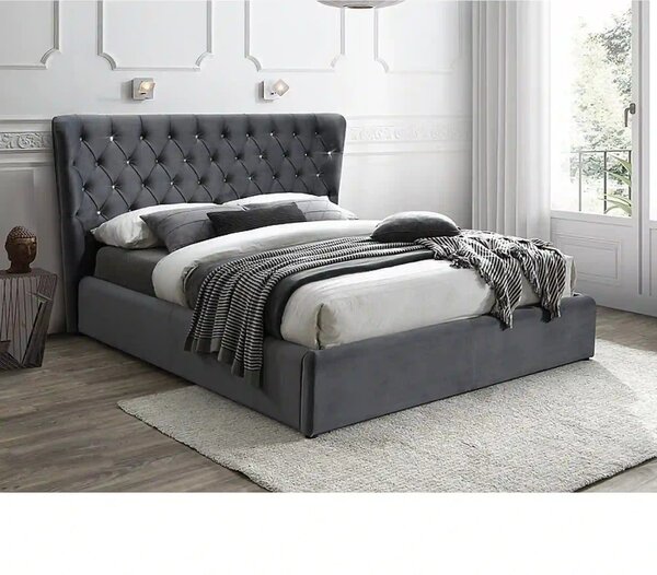 Pat Carven 160x200, stofa catifelata gri - Bluvel 14, cu somiera