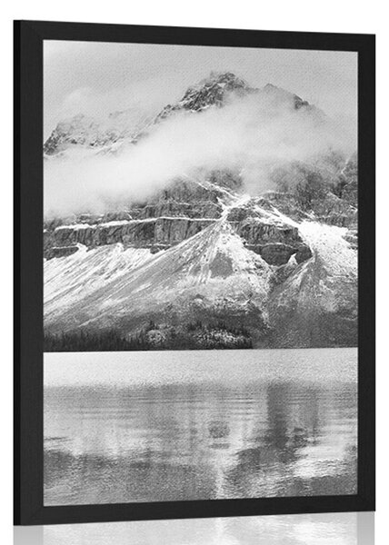 Poster lacul din apropierea muntelui frumos în design alb-negru