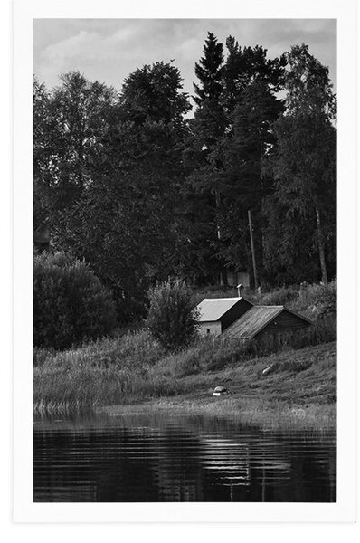 Poster căsuțe de basm lângă râu în design alb-negru