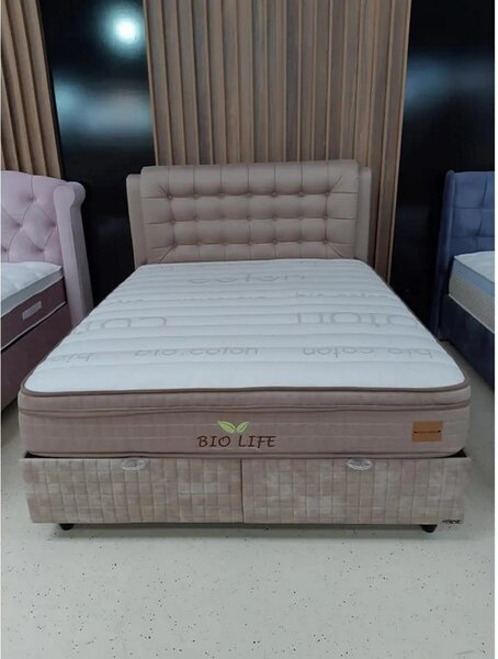 Pat BIO LIFE 140x200, bej, stofa/burete/PAL/metal, cu somiera, lada pe