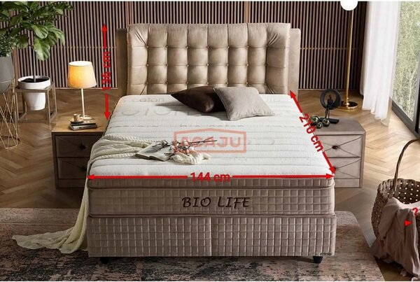 Pat BIO LIFE 140x200, bej, stofa/burete/PAL/metal, cu somiera, lada pe