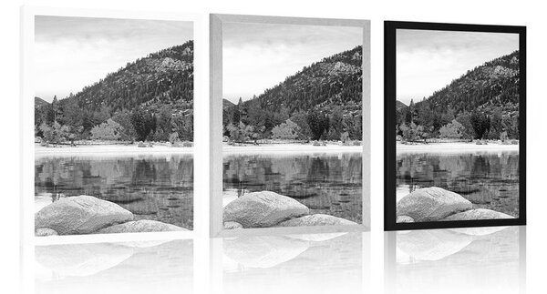 Poster lacul în natură în design alb-negru