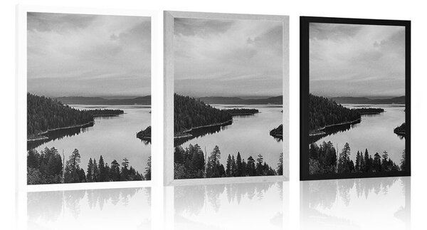 Poster lacul la apus de soare în design alb-negru
