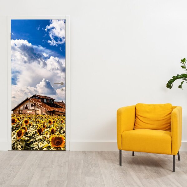 Fototapet pentru ușă - câmp cu floarea soarelui (95x205cm)