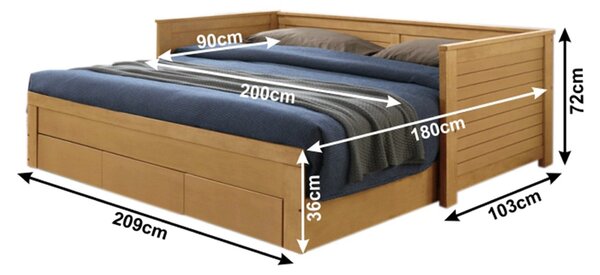 Pat extensibil GORETA 90x200/180x200, stejar, cu somiera si 3 sertare