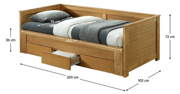 Pat extensibil GORETA 90x200/180x200, stejar, cu somiera si 3 sertare