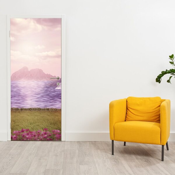 Fototapet pentru ușă - Copacii roz cu lac (95x205cm)