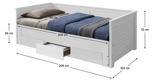 Pat extensibil GORETA 90x200/180x200, alb, cu somiera si 3 sertare pen