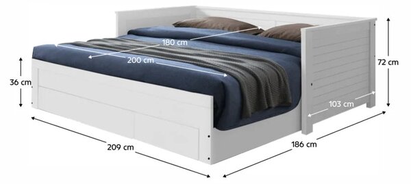 Pat extensibil GORETA 90x200/180x200, alb, cu somiera si 3 sertare pen