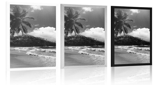 Poster plajă pe insula Seychelles în design alb-negru