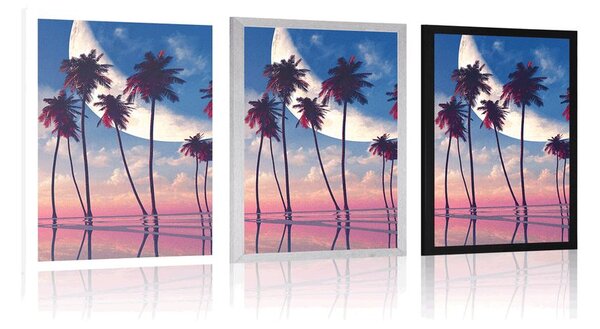 Poster apus de soare deasupra palmierilor tropicali