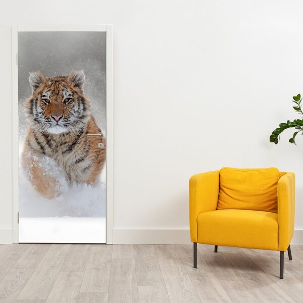Fototapet pentru ușă - Tigrul care aleargă în zăpadă (95x205cm)