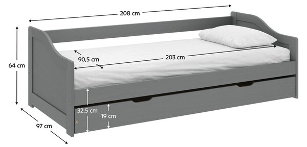 Pat extensibil LAURA NEW 90x200, gri, lemn/metal, cu somiera