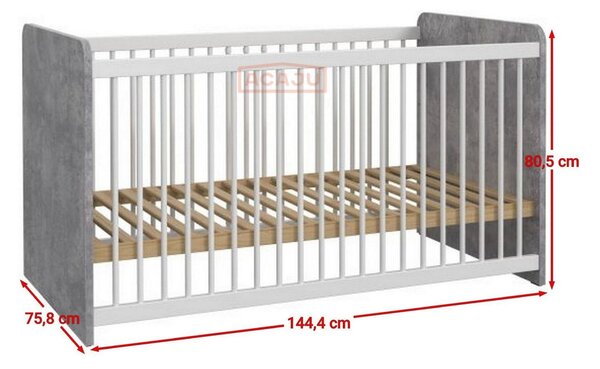 Patut pentru copii EMILY 70x140, alb/gri beton, PAL/metal, cu somiera