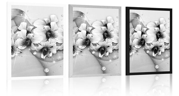 Poster flori în alb-negru pe fundal abstract