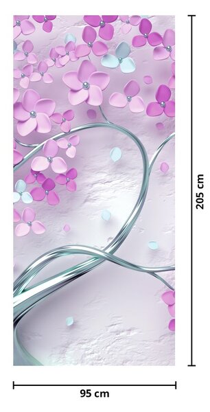 Fototapet pentru ușă - Flori pe trunchi arguntiu abstract (95x205cm)