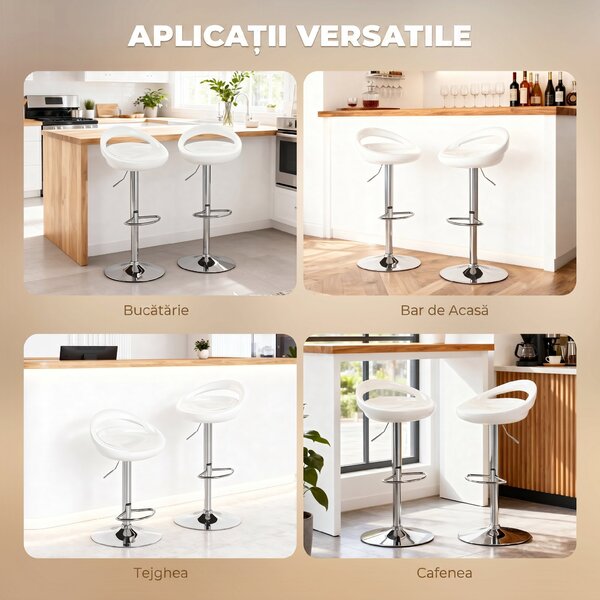 HOMCOM Set 2 Scaune de Bar Rotative cu Suport pentru Picioare și Înălțime Reglabilă, 46x41x76-96 cm, Alb | Aosom Romania
