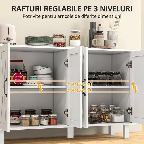 Dulap multifuncțional MDF cu 4 nivele cu 2 rafturi reglabile pentru sufragerie, bucătărie și intrare, 120x37x75 cm, alb HOMCOM | Aosom Romania