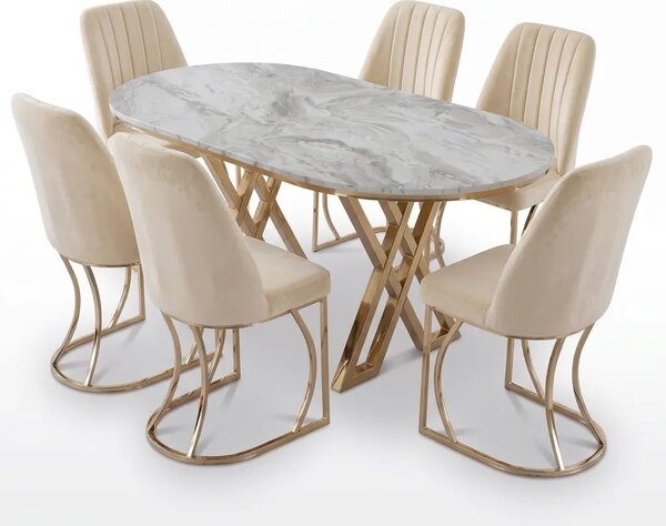 Set Masa şi 6 Scaune Monza, Stil Elegant, Detalii Aurii, 85x160 cm, Blat Marmorat Bermuda Gri