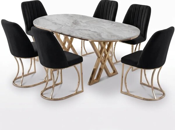 Set Masa şi 6 Scaune Monza, Stil Elegant, Detalii Aurii, 85x160 cm, Blat Marmorat Bermuda Gri