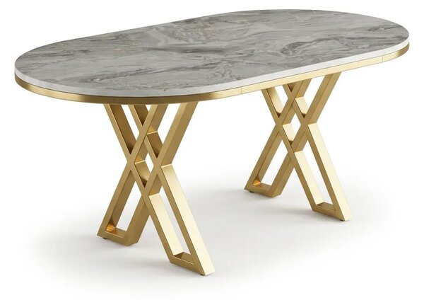 Set Masa şi 6 Scaune Monza, Stil Elegant, Detalii Aurii, 85x160 cm, Blat Marmorat Bermuda Gri