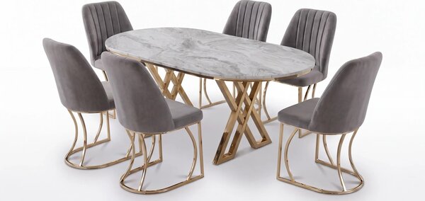 Set Masa şi 6 Scaune Monza, Stil Elegant, Detalii Aurii, 85x160 cm, Blat Marmorat Bermuda Gri