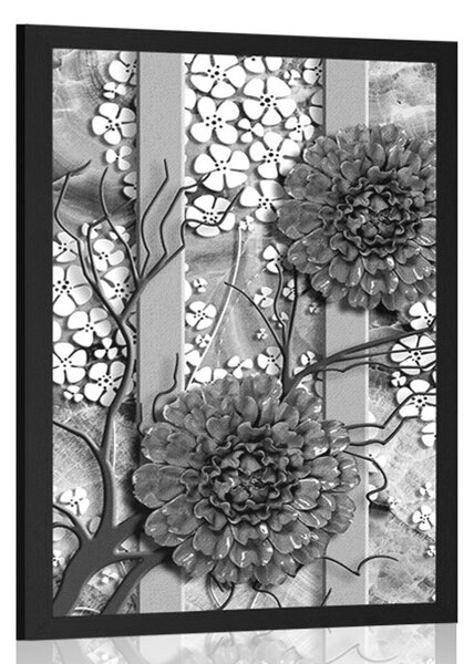 Poster flori abstracte pe fundal de marmură în design alb-negru