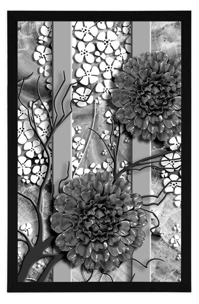 Poster flori abstracte pe fundal de marmură în design alb-negru