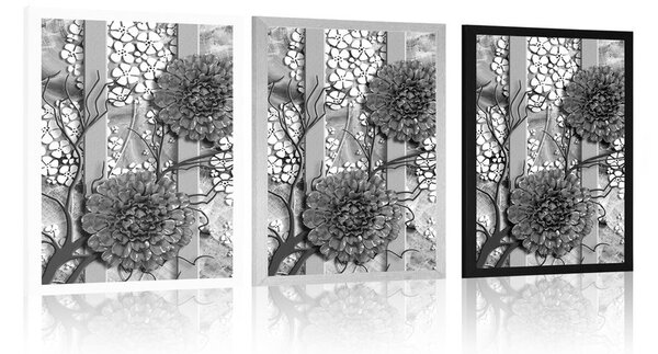 Poster flori abstracte pe fundal de marmură în design alb-negru